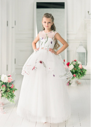 Beaded Ivory Tulle Peplum Print Flower Girl Dress